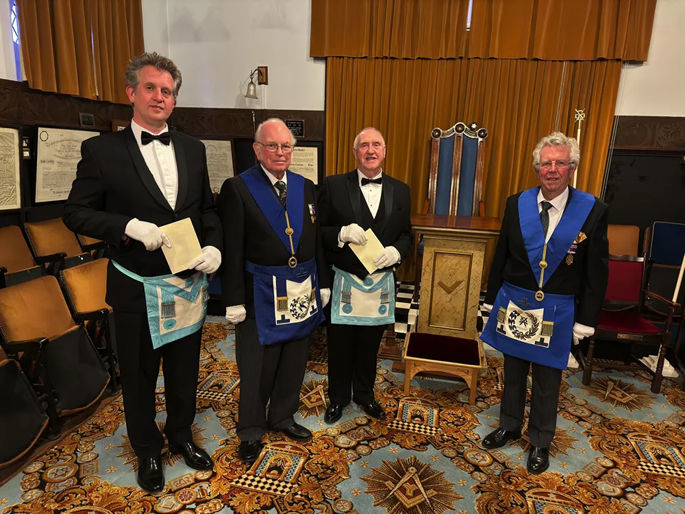 Bro's Tim Palmer and Robbie Wight with Grand Officers W. Bro's Paul Hewson and Keith Nower